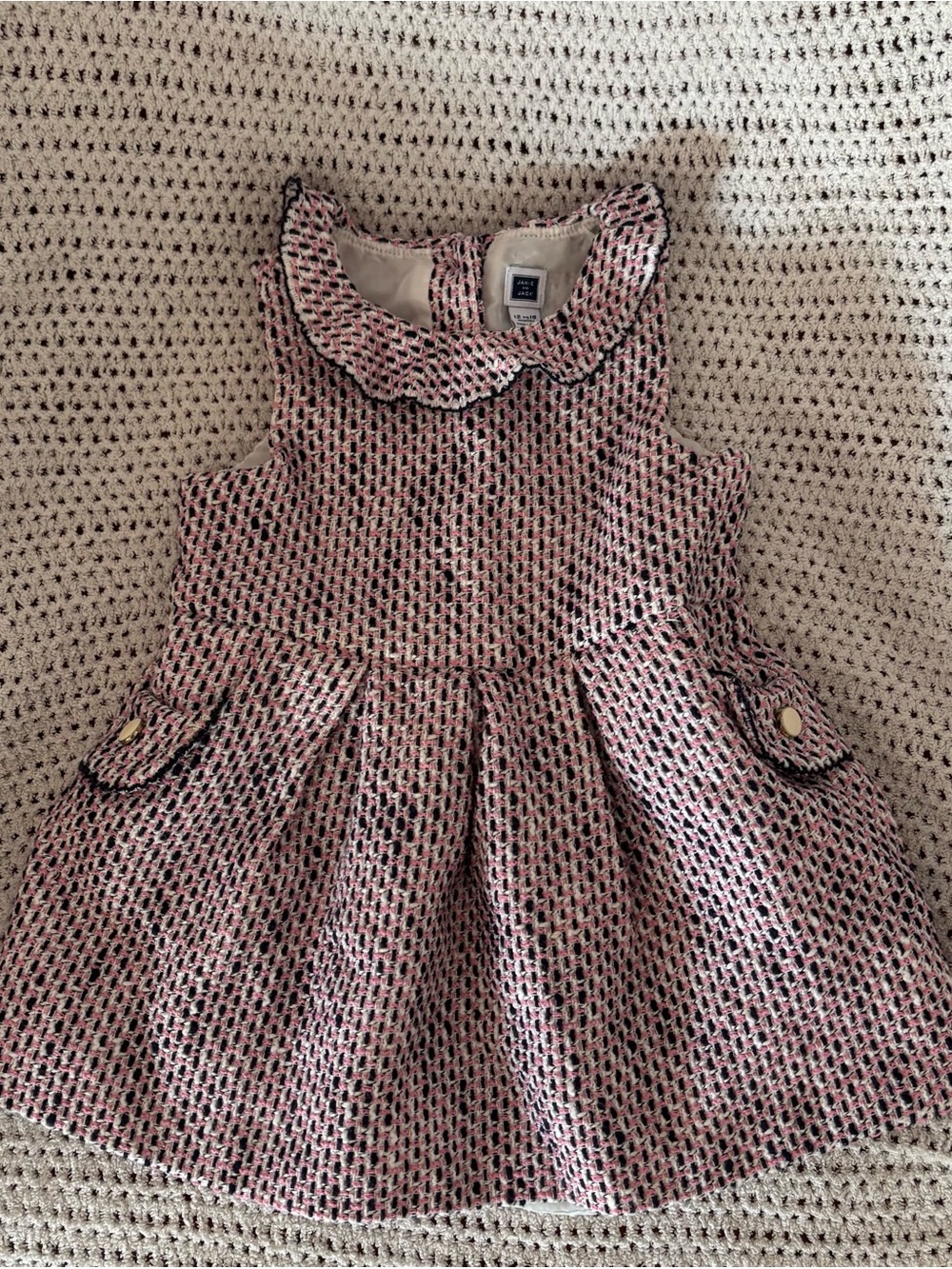 Janie and Jack Pink, Navy and Cream Textured Peter Pan Collar Dress